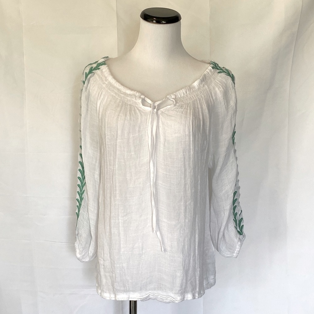 White gauzy Boho style top with green embroidery on sleeve Size medium